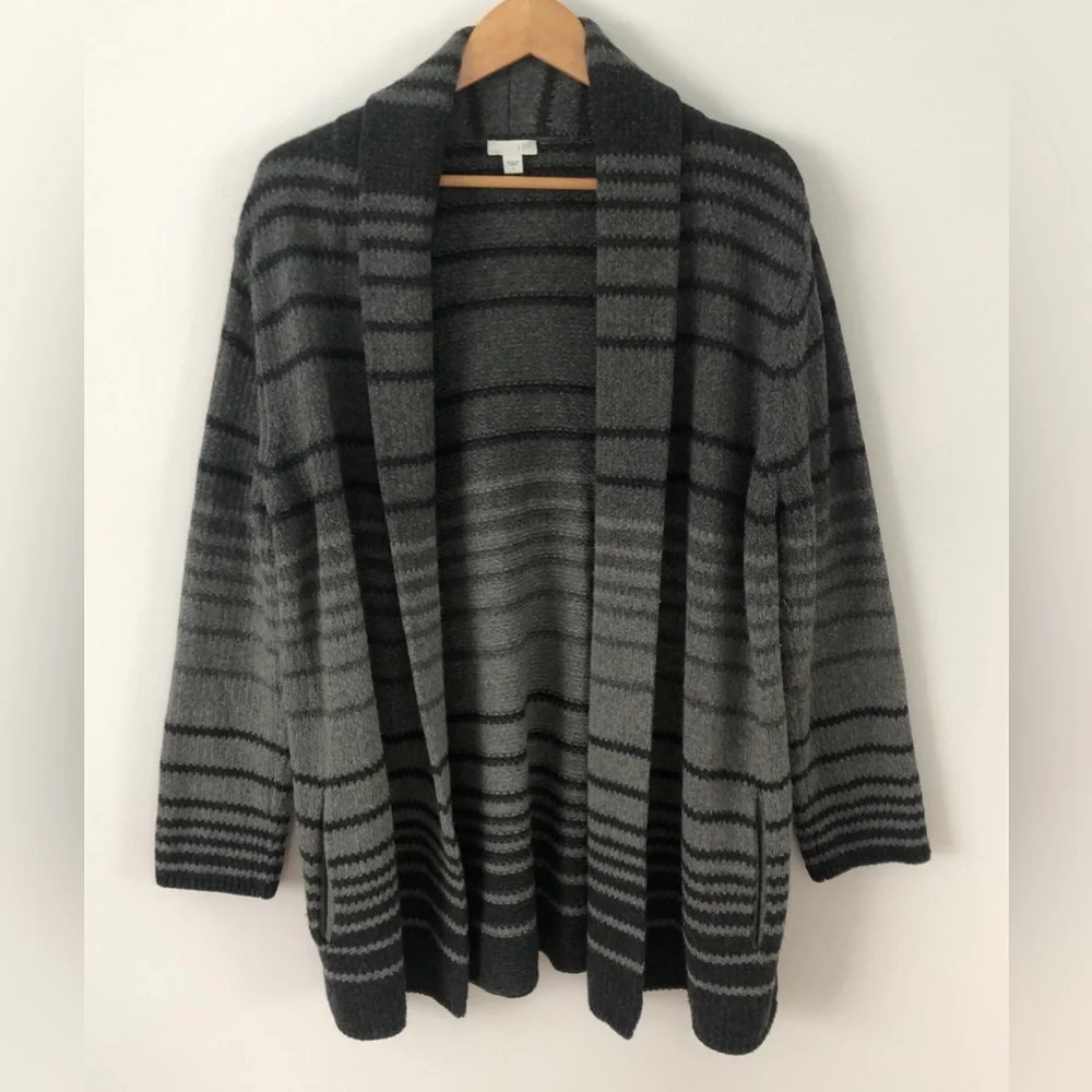 J Jill Wool Modal Blend Women's Gray Striped Long Open Front Cardigan Pockets L